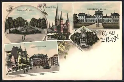 Lithographie Bonn, Poppelsdorfer Allee, Münsterkirche, Marktplatz und das Poppelsdorfter Schloss