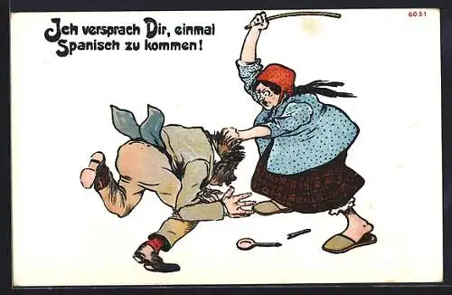 Künstler-AK Bruno Bürger & Ottillie Nr.6051: Ich versprach Dir, einmal Spansich zu kommen, Frau verprügelt Ehemann