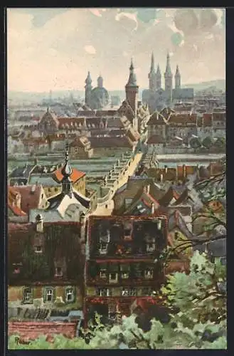 AK Würzburg, Blick auf die Alte Mainbrücke vom Festungsberg