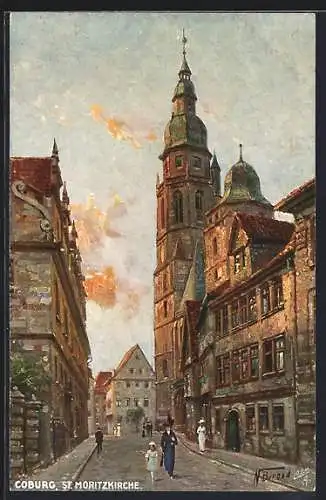 Künstler-AK Coburg, Strassenpartie mit St. Moritzkirche