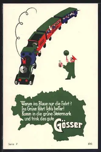 AK Göss b. Leoben, Brauerei-Werbung für Gösser Bier, Gösser Eisenbahn