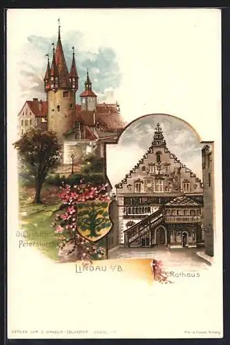 Lithographie Lindau i. B., Diebsturm mit Peterskirche, Rathaus