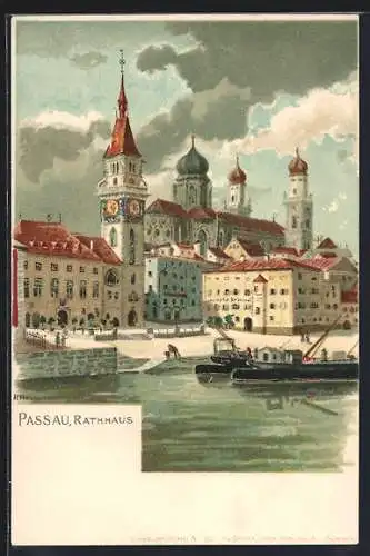 Lithographie Passau, Schiffsanleger vor dem Rathaus