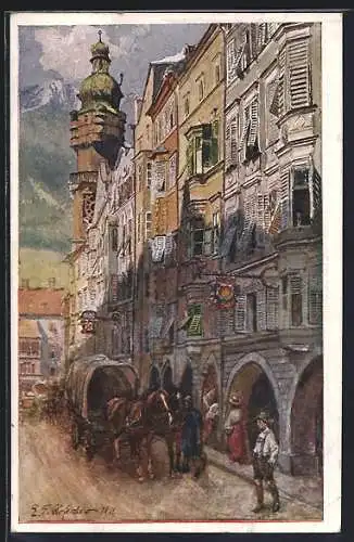 Künstler-AK E.F. Hofecker: Innsbruck, Herzog Friedrichstrasse, Fuhrwerk