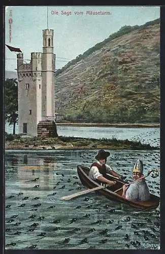 Künstler-AK Bingen, Die Sage vom Mäuseturm, Boot