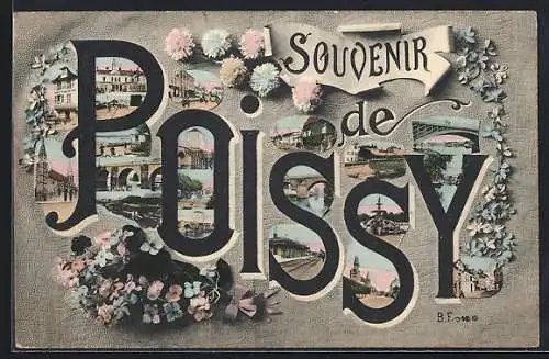 AK Poissy, Souvenir de Poissy avec collages et fleurs