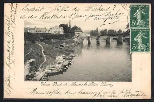 AK Mantes-la-Jolie, Vieux Pont et barques sur la Saône