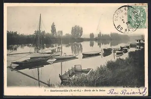 AK Sartrouville, Bords de la Seine avec bateaux amarrés