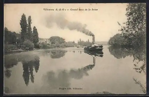 AK Villennes, Grand bras de la Seine avec bateau à vapeur