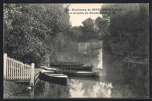 AK Mantes-la-Jolie, Le moulin de Dennemont et les barques sur la rivière