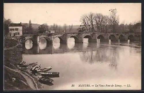 AK Mantes, Le Vieux Pont de Limay et barques sur la rivière