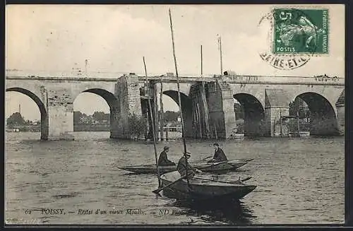 AK Poissy, Restes d`un vieux Moulin et pont avec pêcheurs en barques