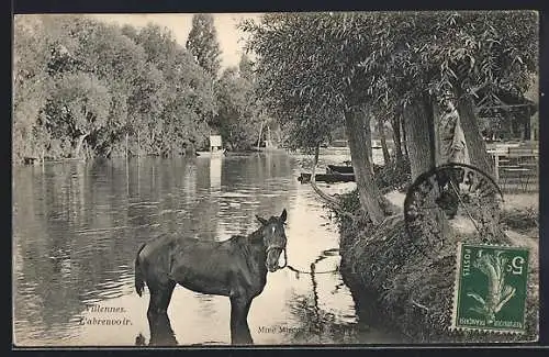 AK Villennes, Cheval à l`abreuvoir près de la rivière