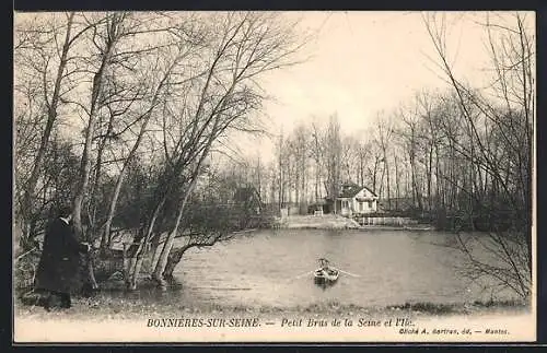 AK Bonnières-sur-Seine, Petit bras de la Seine et île