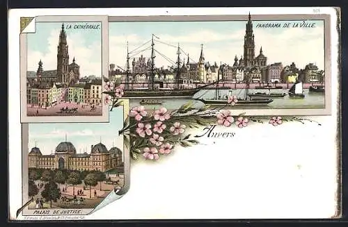 Lithographie Anvers, La Cathédrale, Panorama de la Ville, Palais de Justice