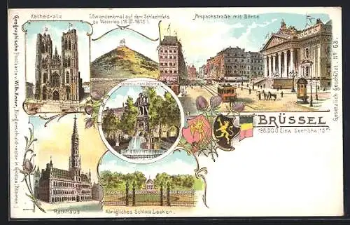 Lithographie Brüssel / Bruxelles, Anspachstrasse mit Börse, Kathedrale