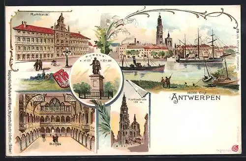 Lithographie Antwerpen, Kathedrale, Börse, Rathaus