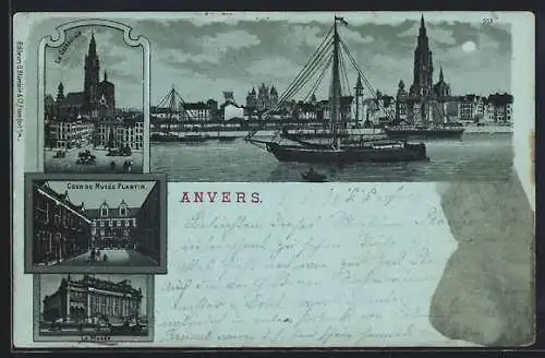 Mondschein-Lithographie Anvers, La Cathédrale, Cour du Musée Plantin, Le Musée