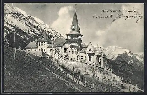 AK Mariabrunn, Ortspartie mit Blick auf das Gebirge