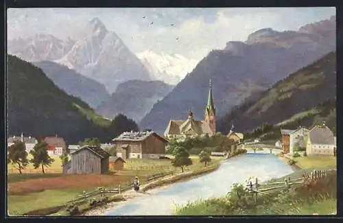 Künstler-AK Zell am Ziller, Flusspartie mit Kirche