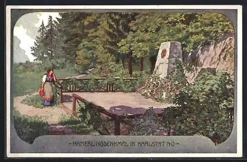 Künstler-AK Bad Grosspertholz, Karlstift, Frau am Hamerlingdenkmal