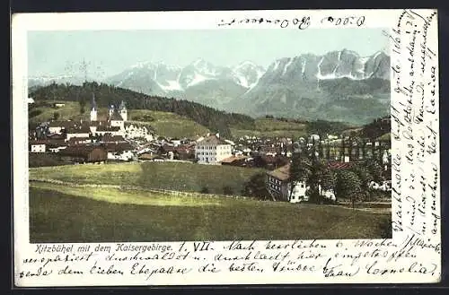 AK Kitzbühel, Blick auf den Ort mit dem Kaisergebirge