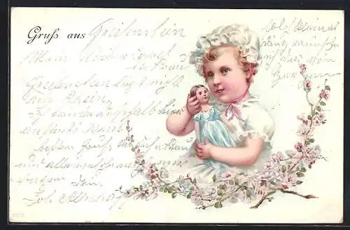 Lithographie Mädchen hält ihre Puppe im Arm