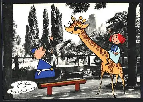 AK Picolo et Piccolette, Comicfiguren im Pariser Zoo, Giraffe