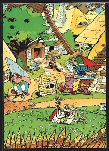 AK Asterix und Obelix, reges Treiben in dem gallischen Dorf, Methusalix, Miraculix, Majestix