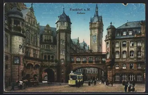AK Alt-Frankfurt, eine Strassenbahn vor dem Rathaus