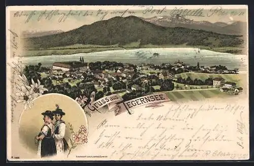 Lithographie Tegernsee, Gesamtansicht mit Bergblick, Trachtenpaar