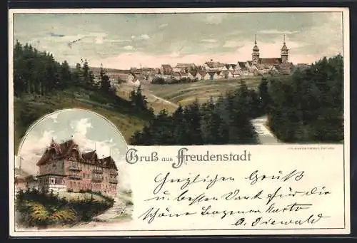 Lithographie Freudenstadt, Blick auf ein Hotel, Panoramablick auf den Ort