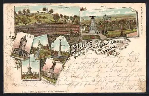 Lithographie Saarbrücken-Ehrental, Denkmal der 40er, Wittenberg-Denkmal