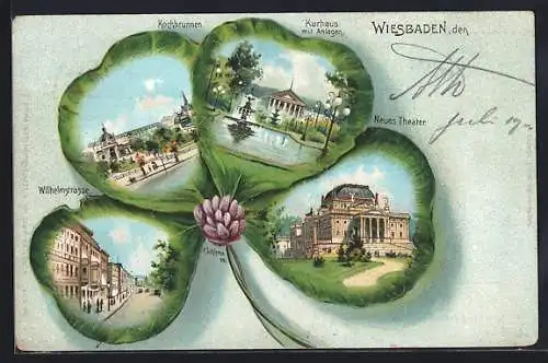 Passepartout-Lithographie Wiesbaden, Ansichten im Kleeblatt, Kochbrunnen, Neues Theater, Kurhaus mit Anlagen