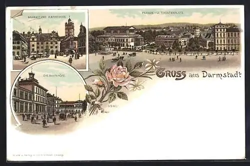 Lithographie Darmstadt, Markt & Rathaus, Bahnhöfe, Parade & Theaterplatz