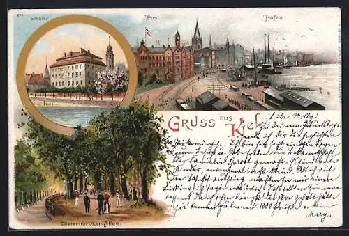 Lithographie Kiel, Düsternbroker-Allee, Blick auf Hafen und Post
