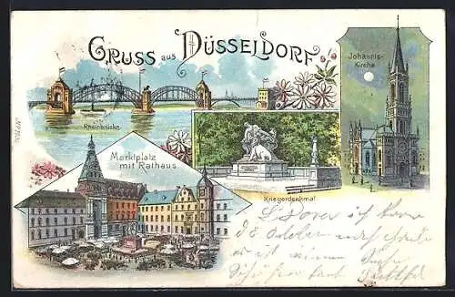 Lithographie Düsseldorf, Johannis-Kirche, Rheinbrücke, Kriegerdenkmal, Marktplatz mit Rathaus