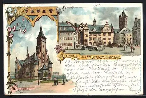 Lithographie Darmstadt, Martinskirche und Markt mit Rathaus