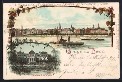 Lithographie Bonn, Schloss Poppelsdorf, Teilansicht mit Dampfern