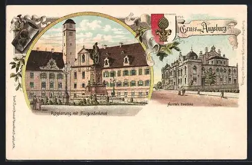 Lithographie Augsburg, Regierung mit Siegesdenkmal, Herrle`s Saalbau