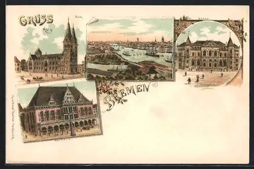 Lithographie Bremen, Dom, Rathaus und Börse, Ortsansicht mit Weserpartie aus der Vogelschau