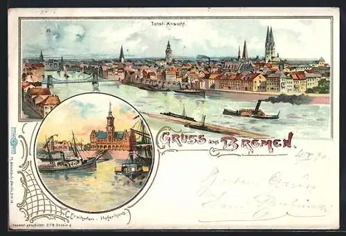 Lithographie Bremen, Totalansicht, Freihafen Hafenhaus