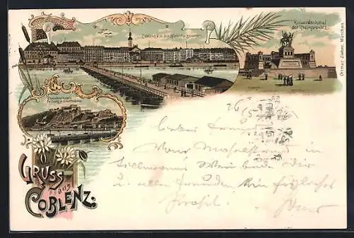 Lithographie Coblenz, Kaiserdenkmal der Rheinprovinz, Stadt mit Schiffbrücke