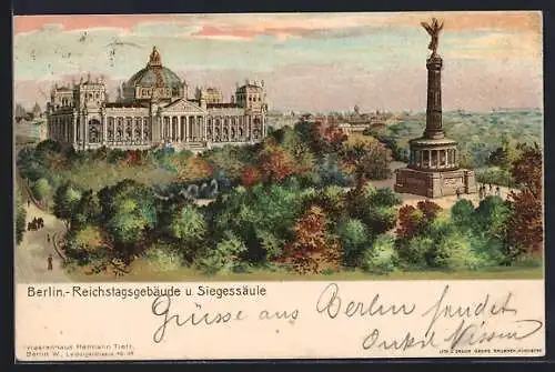 Lithographie Berlin-Tiergarten, Reichstagsgebäude und Siegessäule aus der Vogelschau