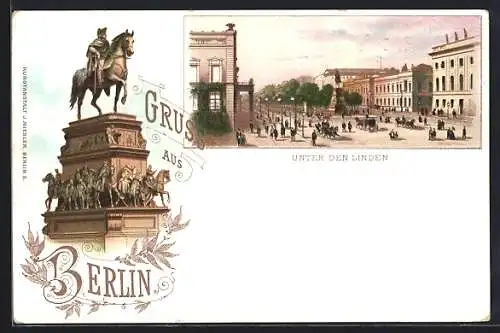 Lithographie Berlin, Unter den Linden, Denkmal Friedrich d. Grosse