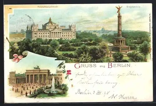 Lithographie Berlin-Tiergarten, Ansicht vom Reichstagsgebäude mit Siegessäule, Ansicht vom Brandenburger Tor