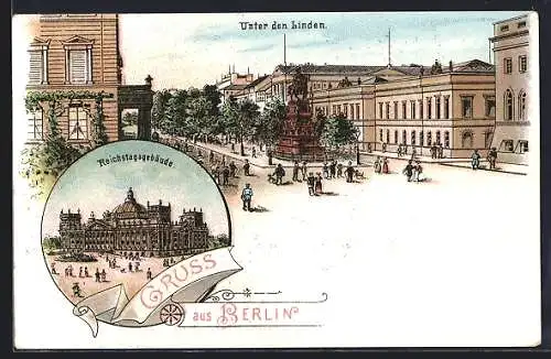Lithographie Berlin-Tiergarten, Reichstagsgebäude, Unter den Linden