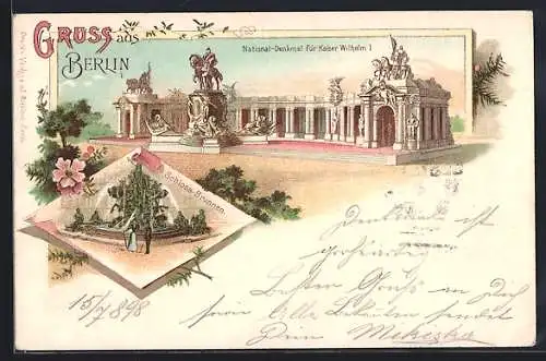 Lithographie Berlin, National-Denkmal für Kaiser Wilhelm I, Schloss-Brunnen