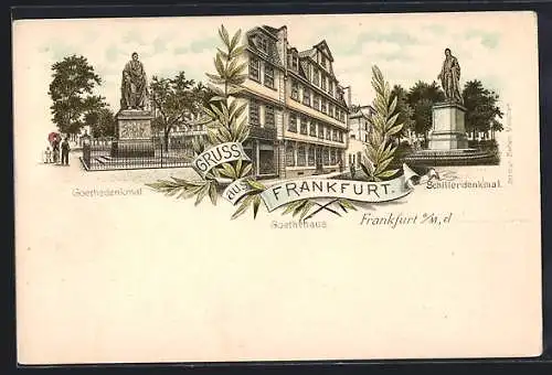 Lithographie Frankfurt, Goethedenkmal, Goethehaus & Schillerdenkmal