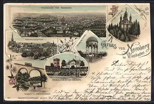 Lithographie Wiesbaden, Neroberg-Tempel, Griech. Kapelle, Kochbrunnenplatz